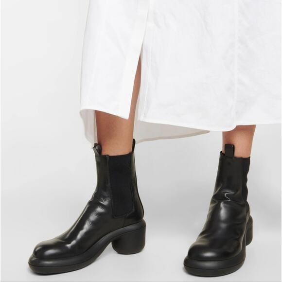 NEW Jill Sander Block Heel Black Leather Chelsea Boot Elasticated Panels